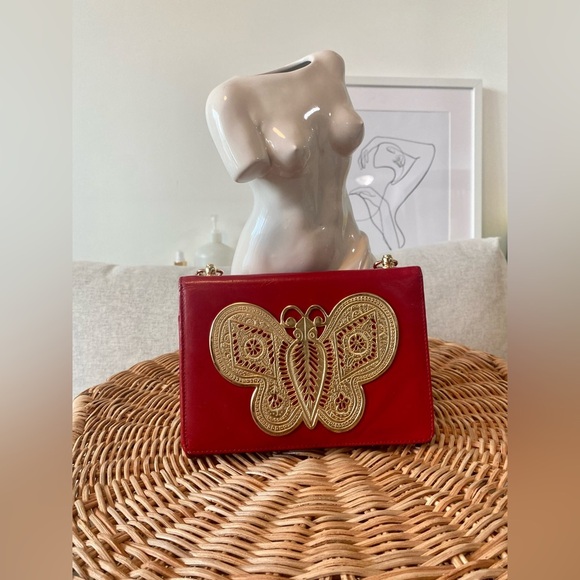 Red Genuine Leather Small Crossbody Bag Purse with Brass Butterfly Decor - Picture 2 of 5